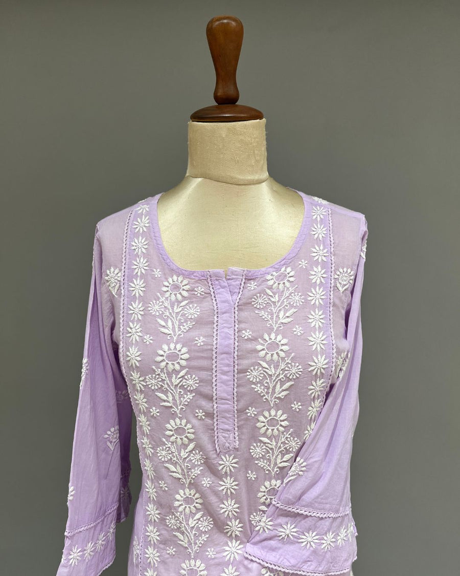 Mul Cotton Chikankari Long Kurti - Lavender