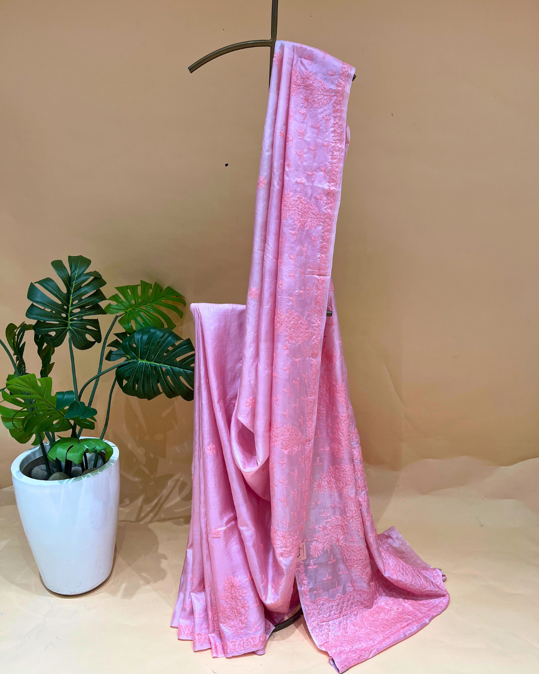Chikankari Tussar Silk Saree - Baby Pink