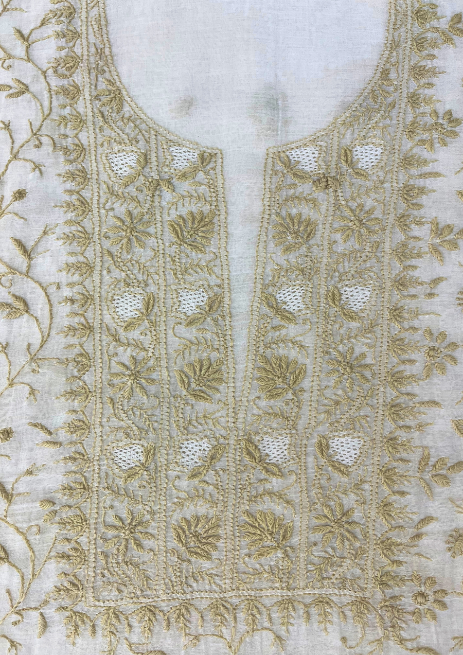 Chikankari Mul Chanderi Unstitched 2Pc Suit - White and Beige