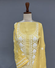 Organza Chikankari Unstitch 2pc Suit - Corn Yellow