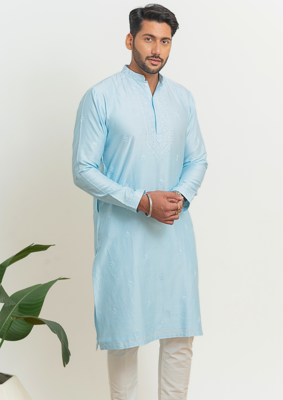 Chanderi Chikankari Men's Kurta - Serene Blue