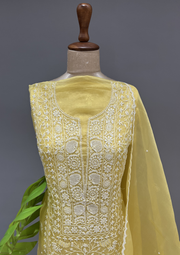 Chikankari Unstitched Organza Suit Set - Sunshine Yellow