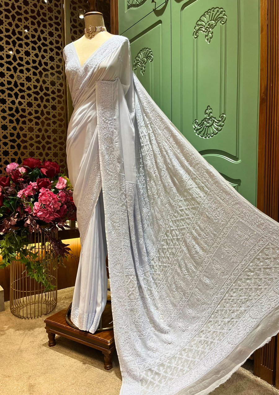 Chikankari Vescose Saree - Ice Blue