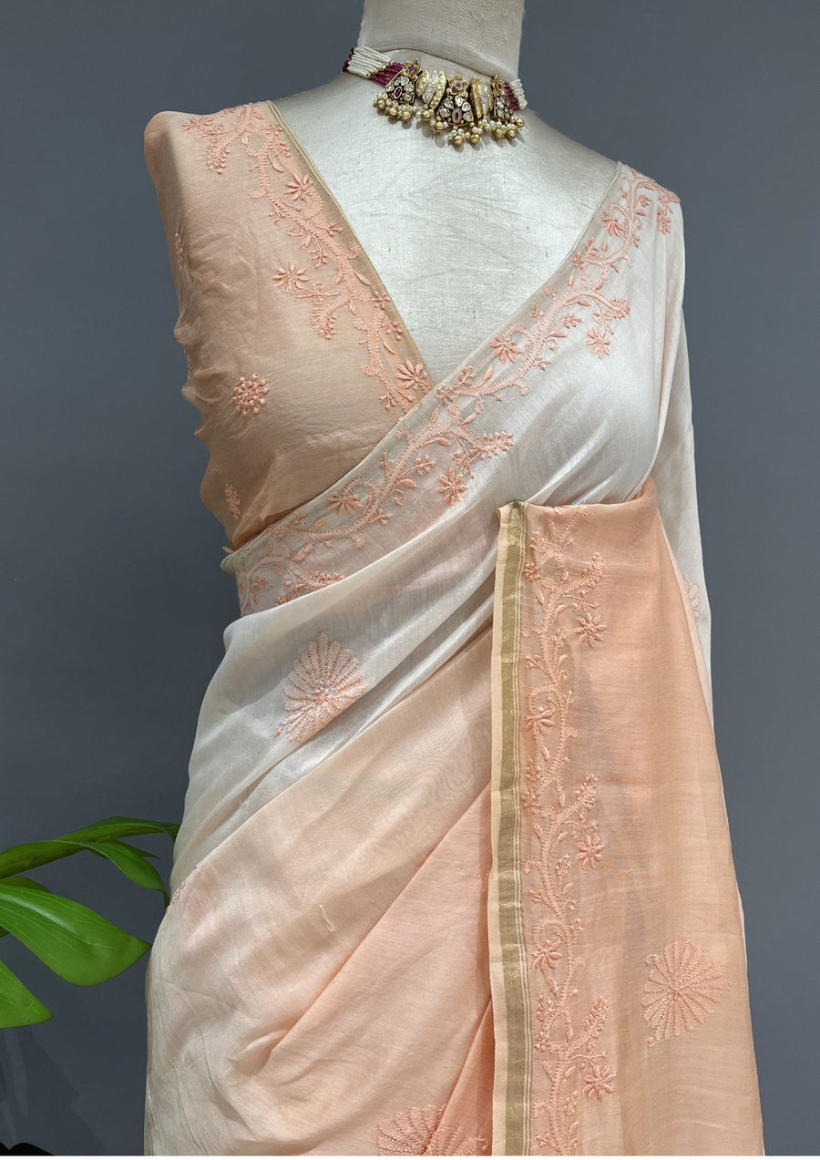Chanderi Chikankari Saree - Ombre Peach