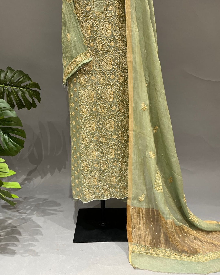 Tissue Chikankari Semistitch 2pc Suit - Sage Green