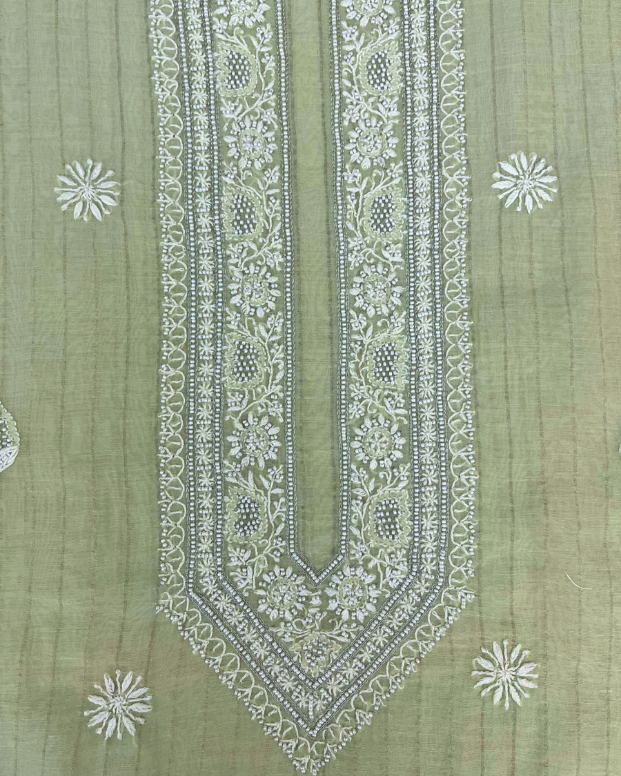 Mul Chanderi Chikankari Unstitched Mens Kurta - Mint Green