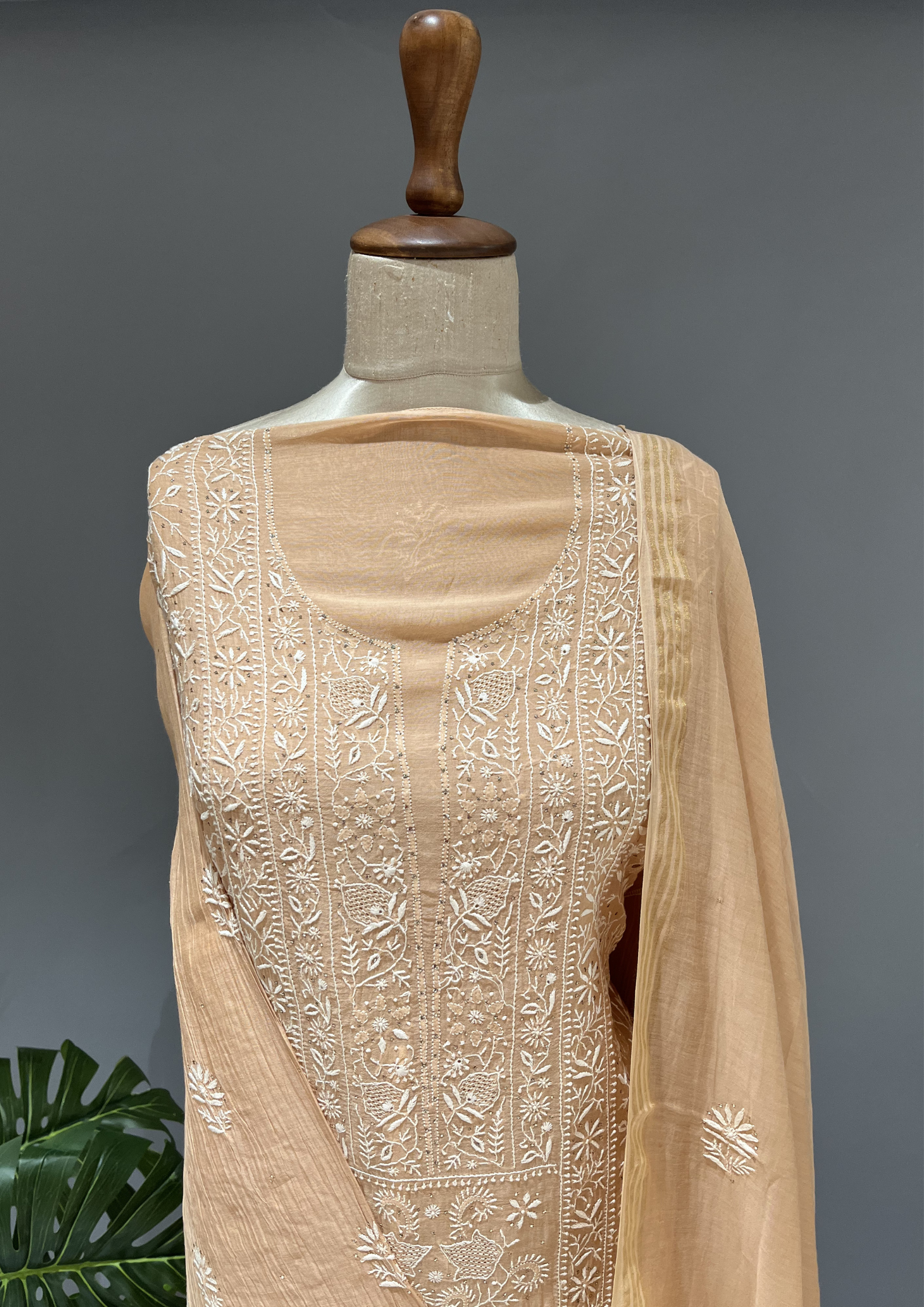 Chikankari Mul Unstitched Kurta & Dupatta - Gold Beige