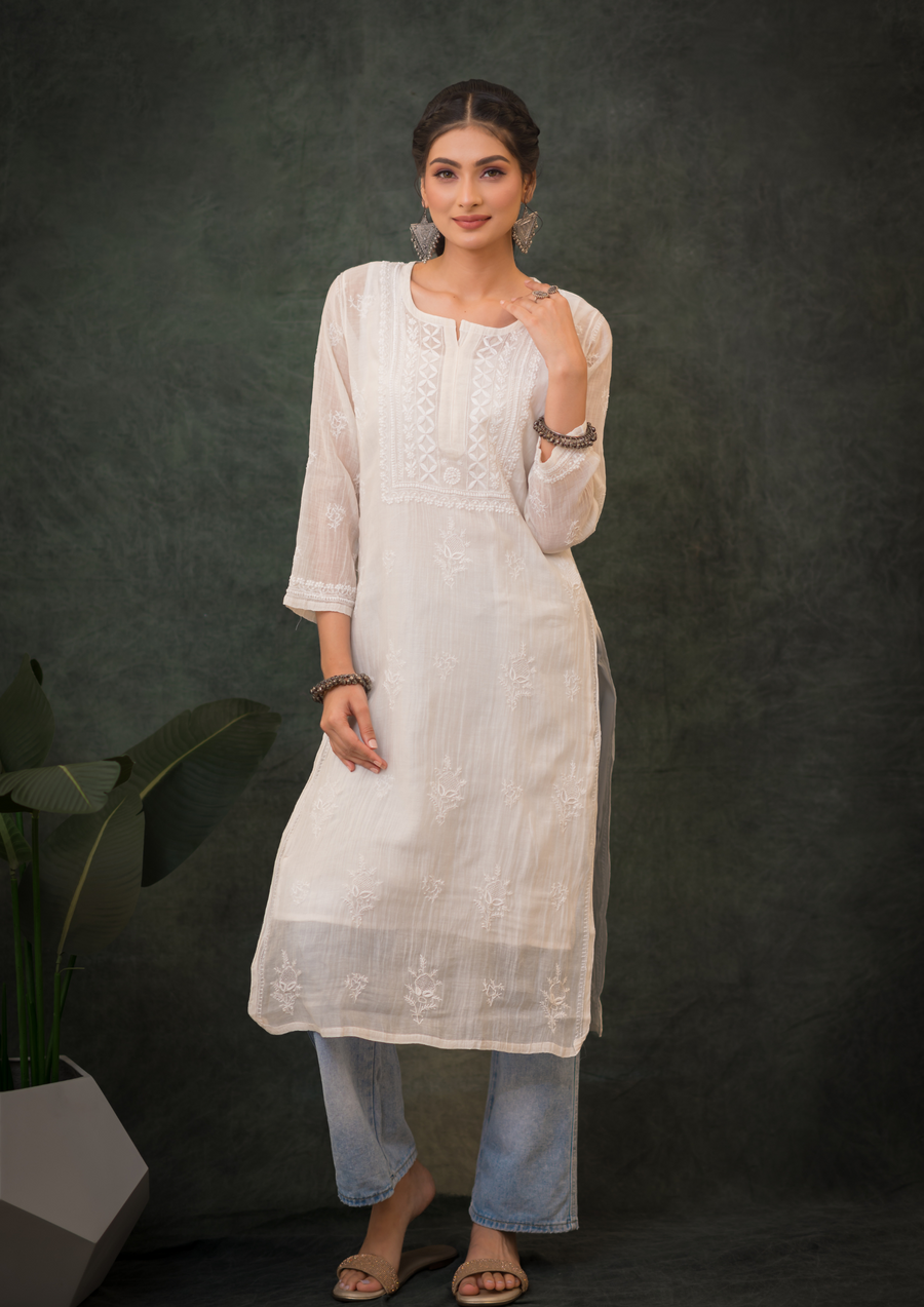 Mul Chanderi Chikankari Long Kurta - Ivory white