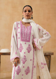 Mul Chikankari Suit Set - White and Pink