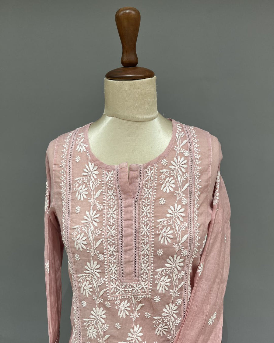 Chanderi Chikankari Co-ord Set - Rose Pink