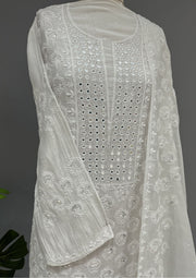 Mul Chanderi Chikankari Unstitch 2pc Suit - white