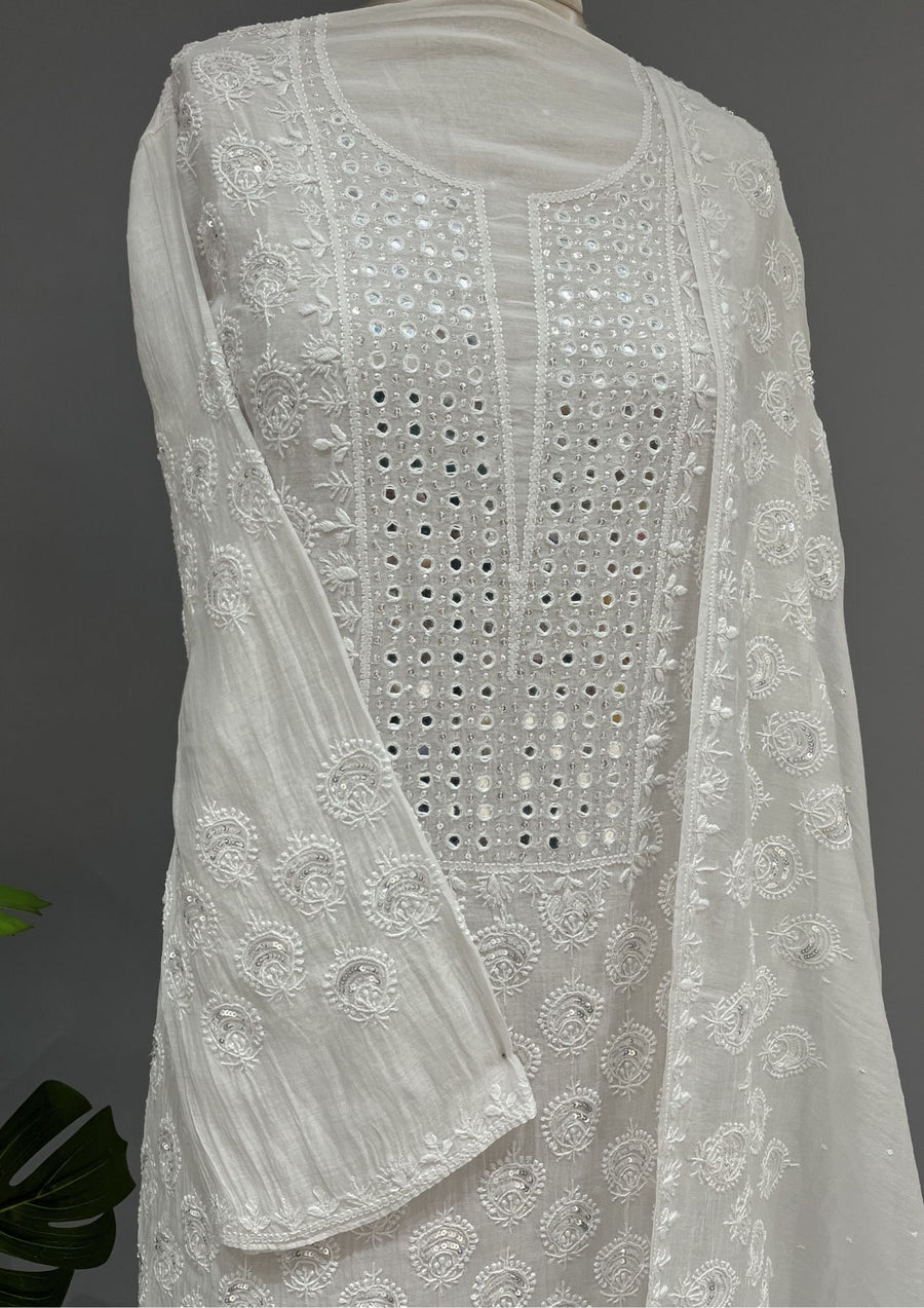 Mul Chanderi Chikankari Unstitch 2pc Suit - white