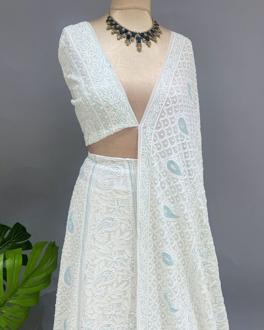 Pure Georgette Chikankari Unstich Lehenga - White