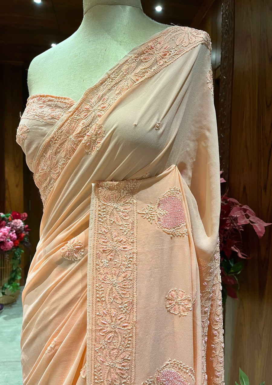 Chikankari Viscose Saree - Peach