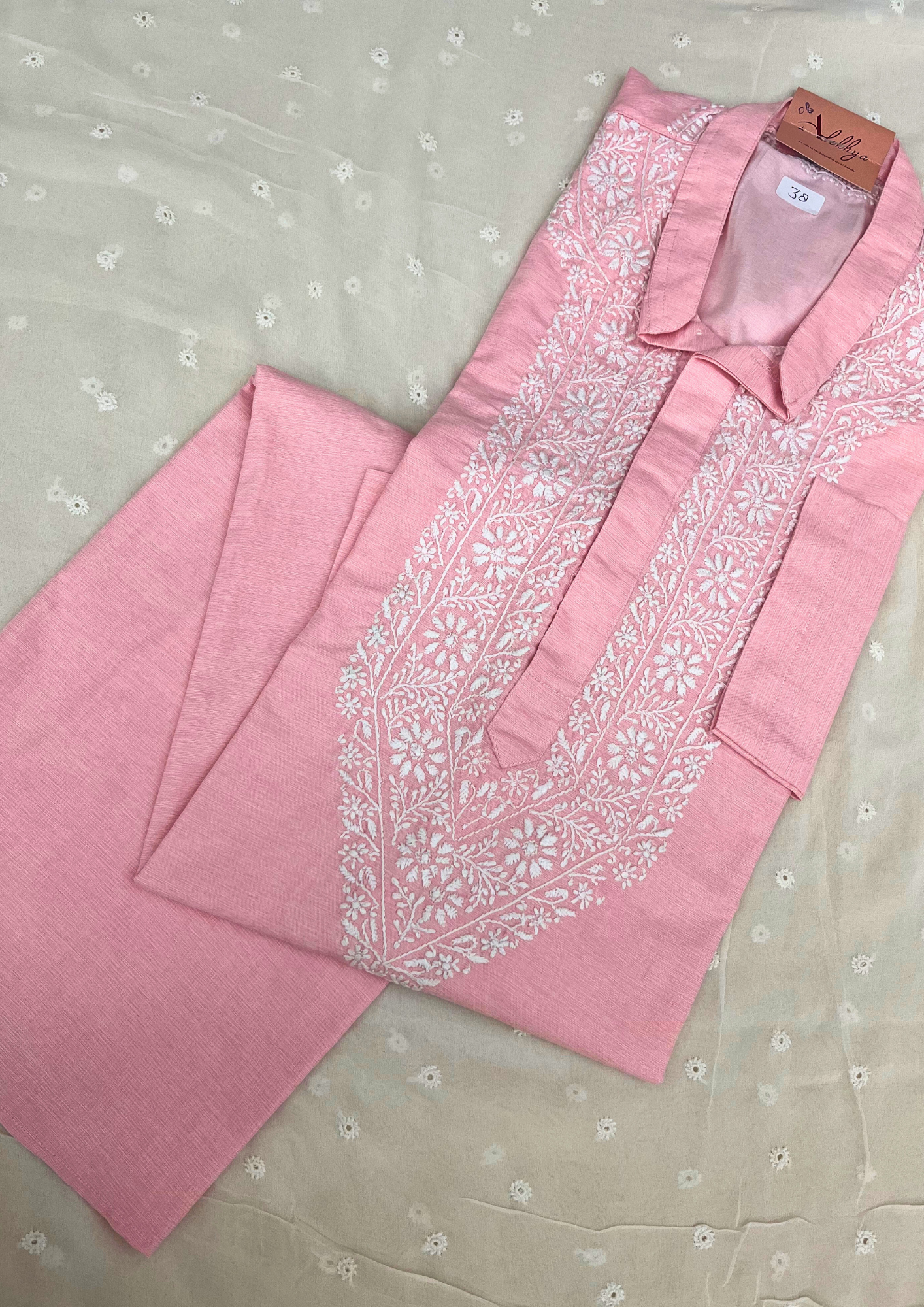 Cotton Chikankari Stitched Mens Kurta- Peachish Pink