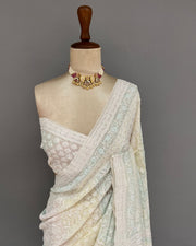 Pure Georgette Chikankari Saree - Ivory & Multicolour