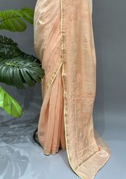 Chanderi Chikankari Saree - Ombre Peach