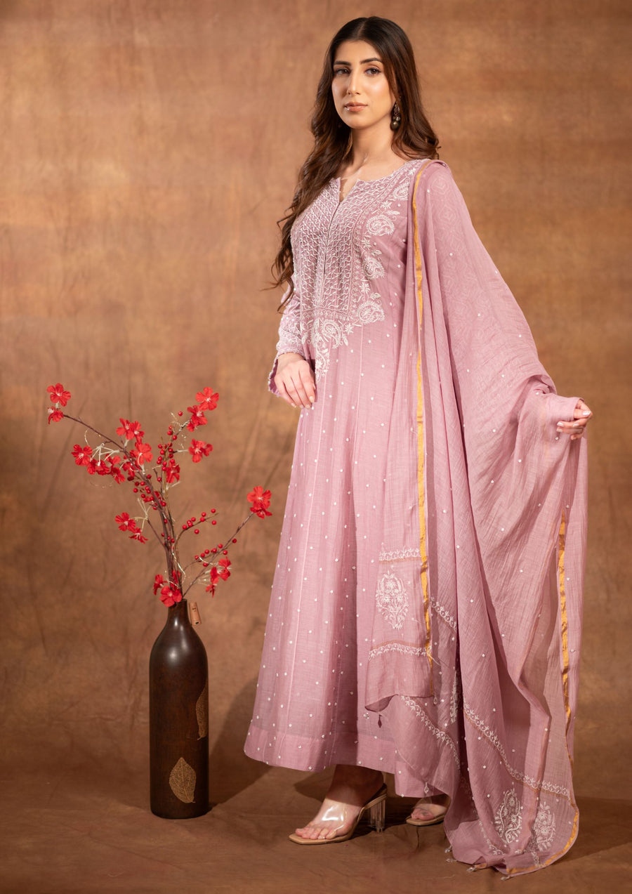 Mul Chanderi Chikankari Anarkali - sc2424238