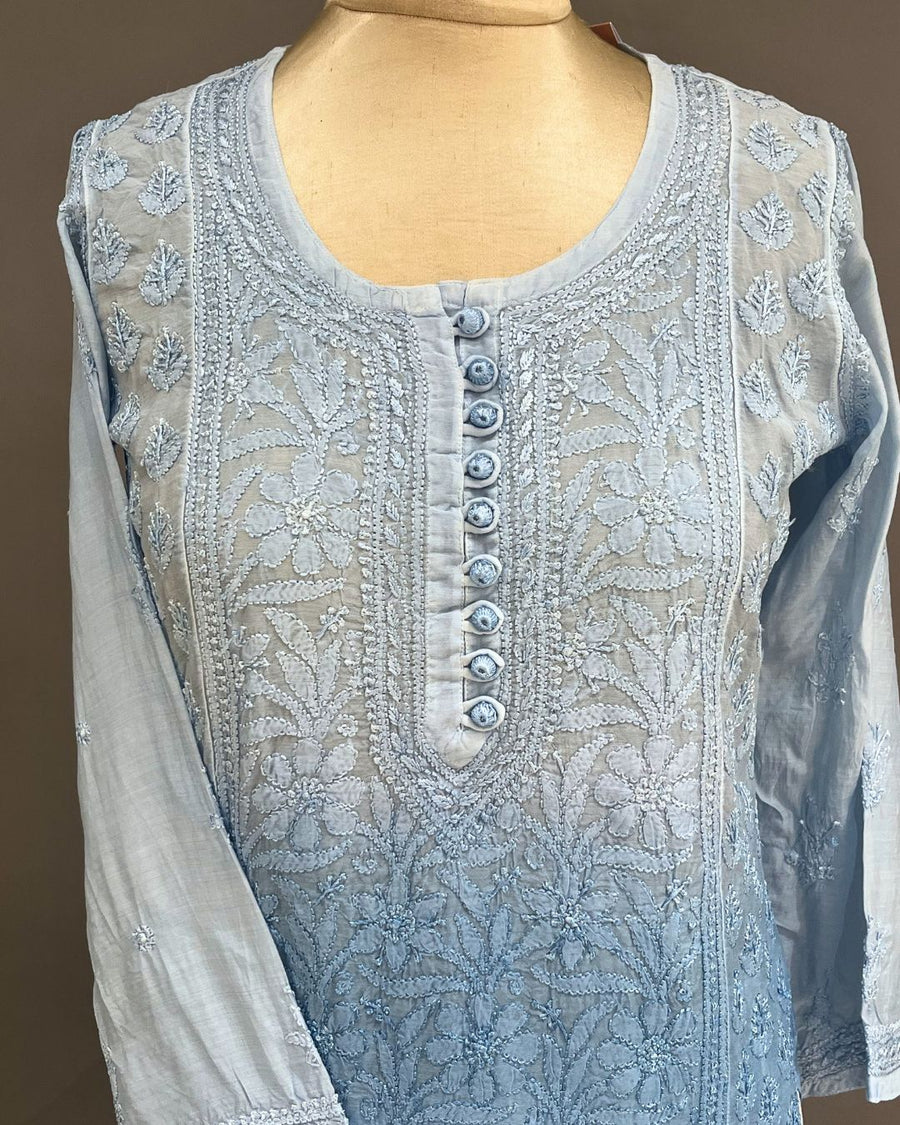 Muslin Chikankari Short Kurti - Periwrinkle Blue Ombre