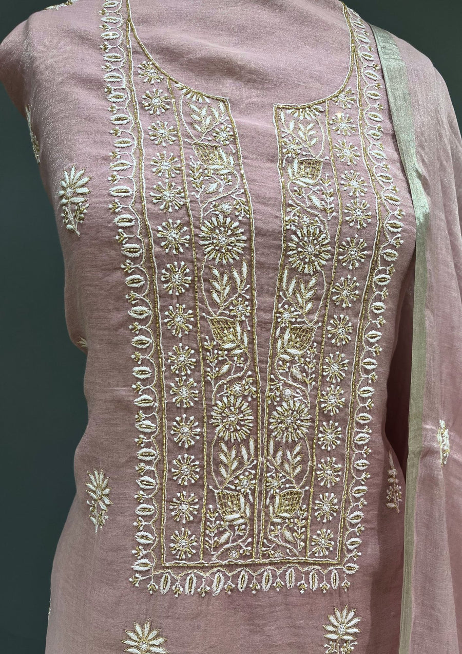 Tissue Chikankari Unstitch 2pc Suit - Mauvish Pink