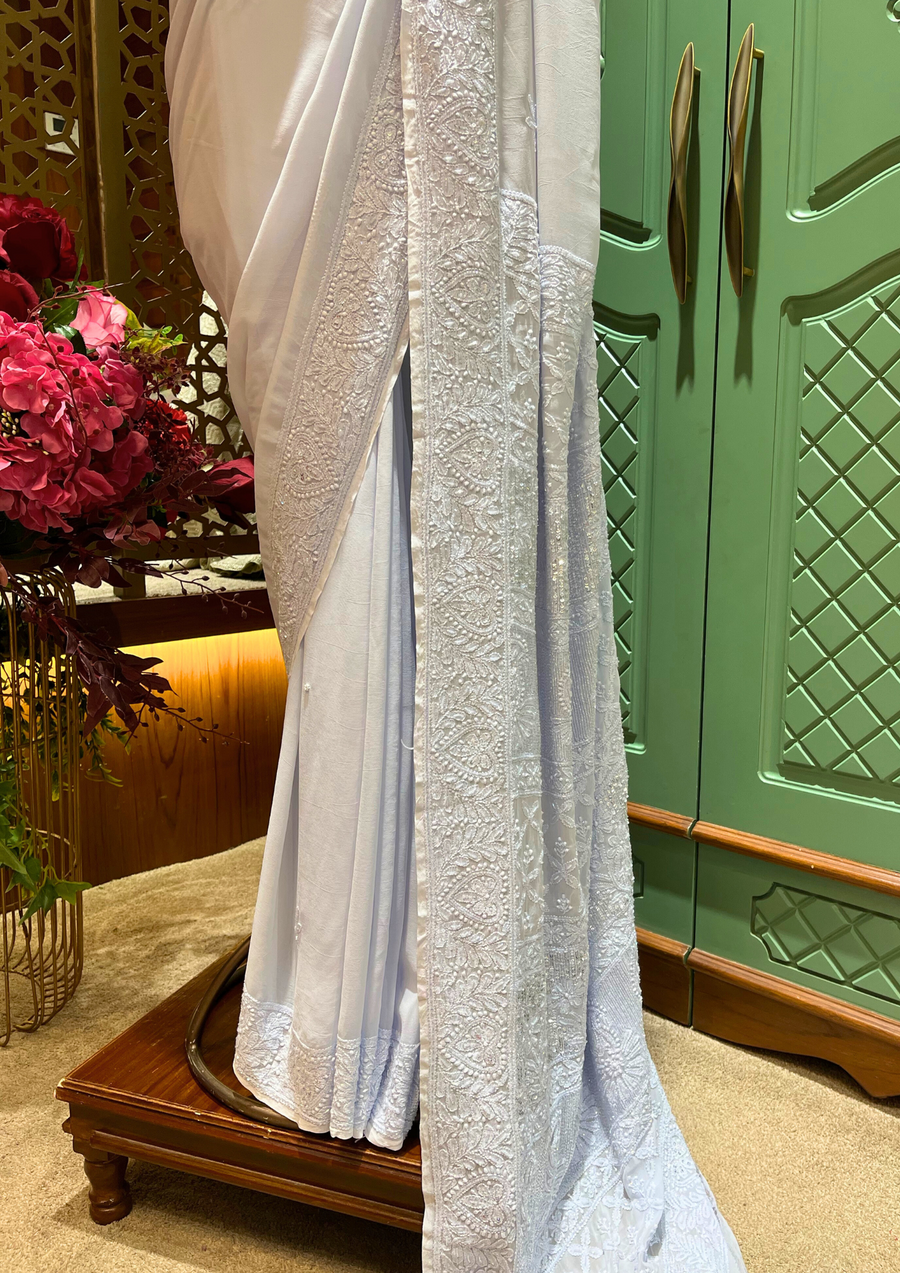 Chikankari Vescose Saree - Ice Blue