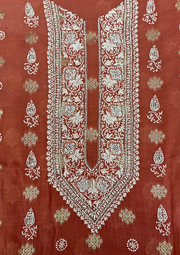 Mul Chanderi Chikankari Unstitched Mens Kurta - Brick