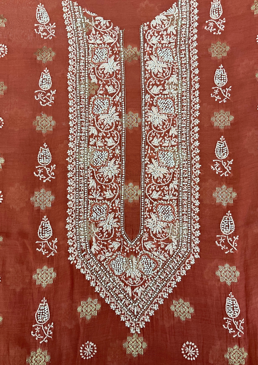 Mul Chanderi Chikankari Unstitched Mens Kurta - Brick