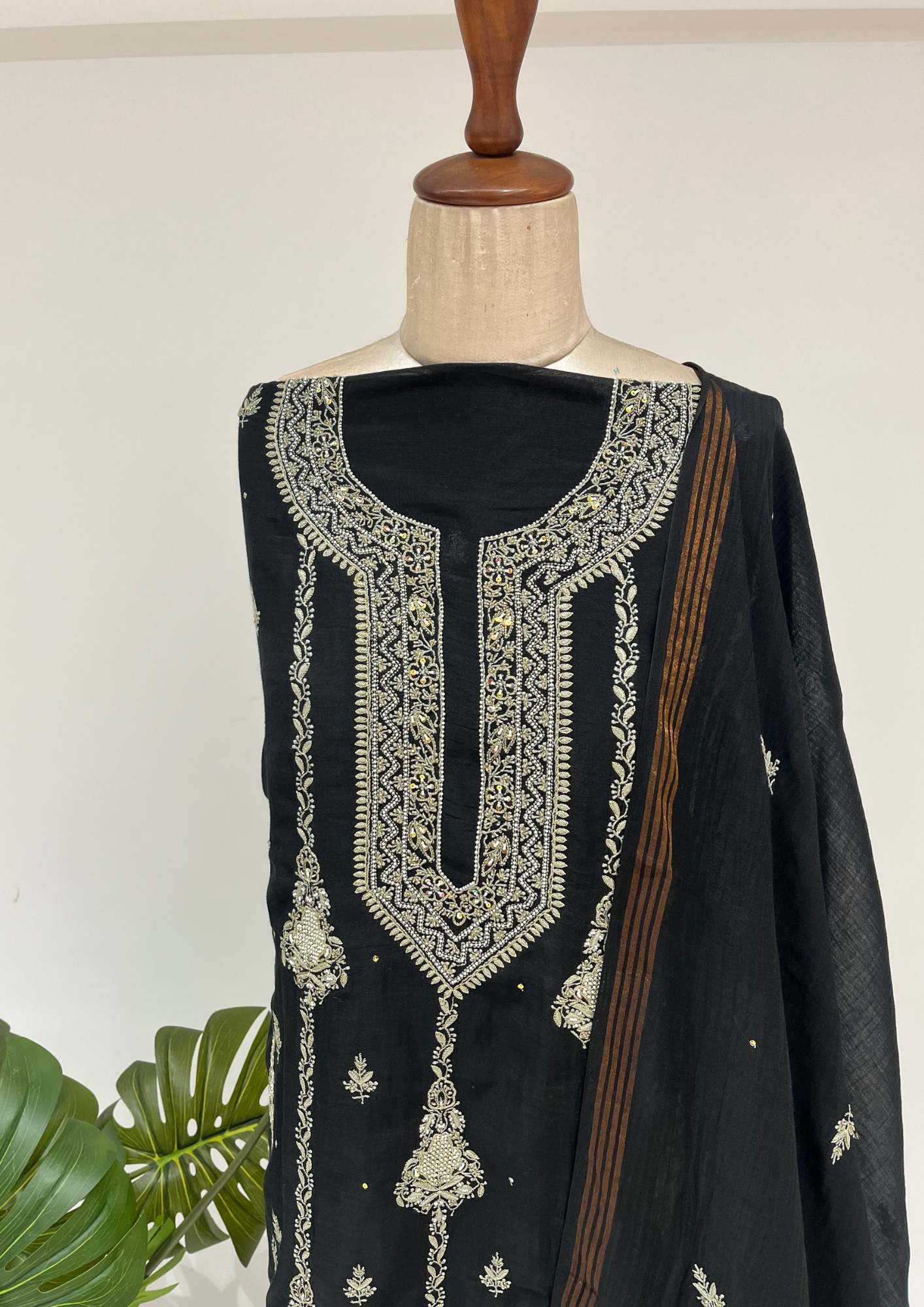 Mul Chanderi Chikankari Unstitched Suit - Black