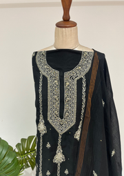 Mul Chanderi Chikankari Unstitched Suit - Black