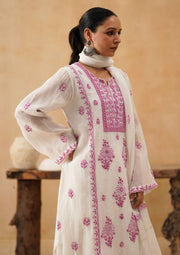 Mul Chikankari Suit Set - White and Pink