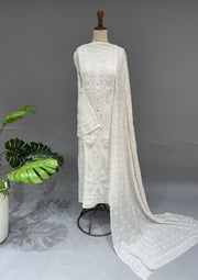 Mul Chanderi Muqaish Chikankari Unstitch 2pc Suit - White
