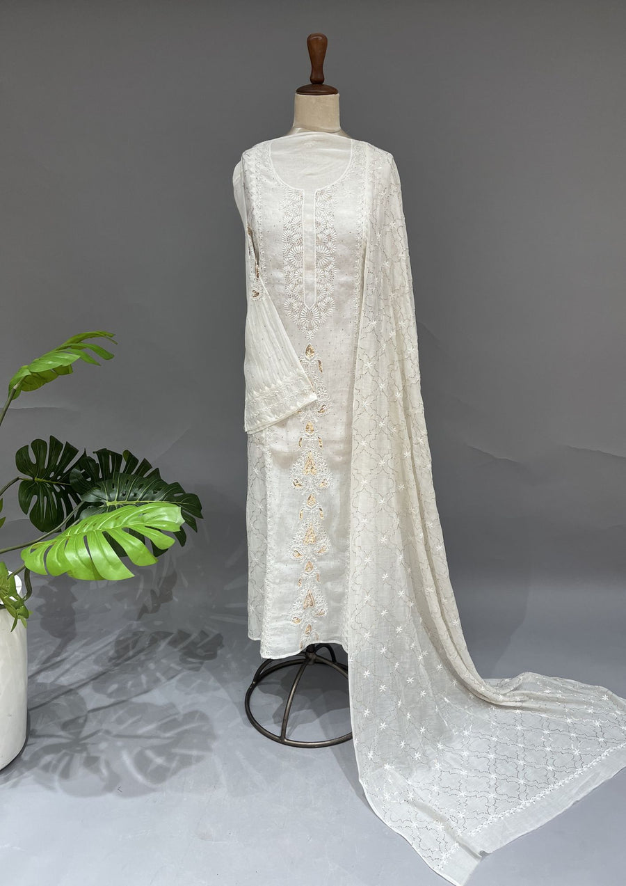 Mul Chanderi Muqaish Chikankari Unstitch 2pc Suit - White