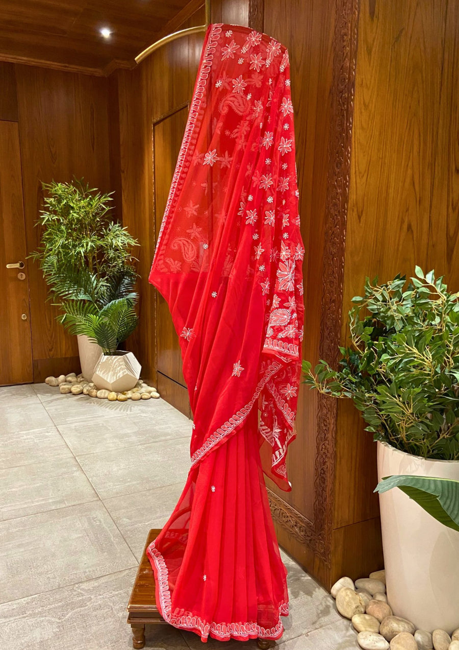 Chikan Saree Georgette - Red