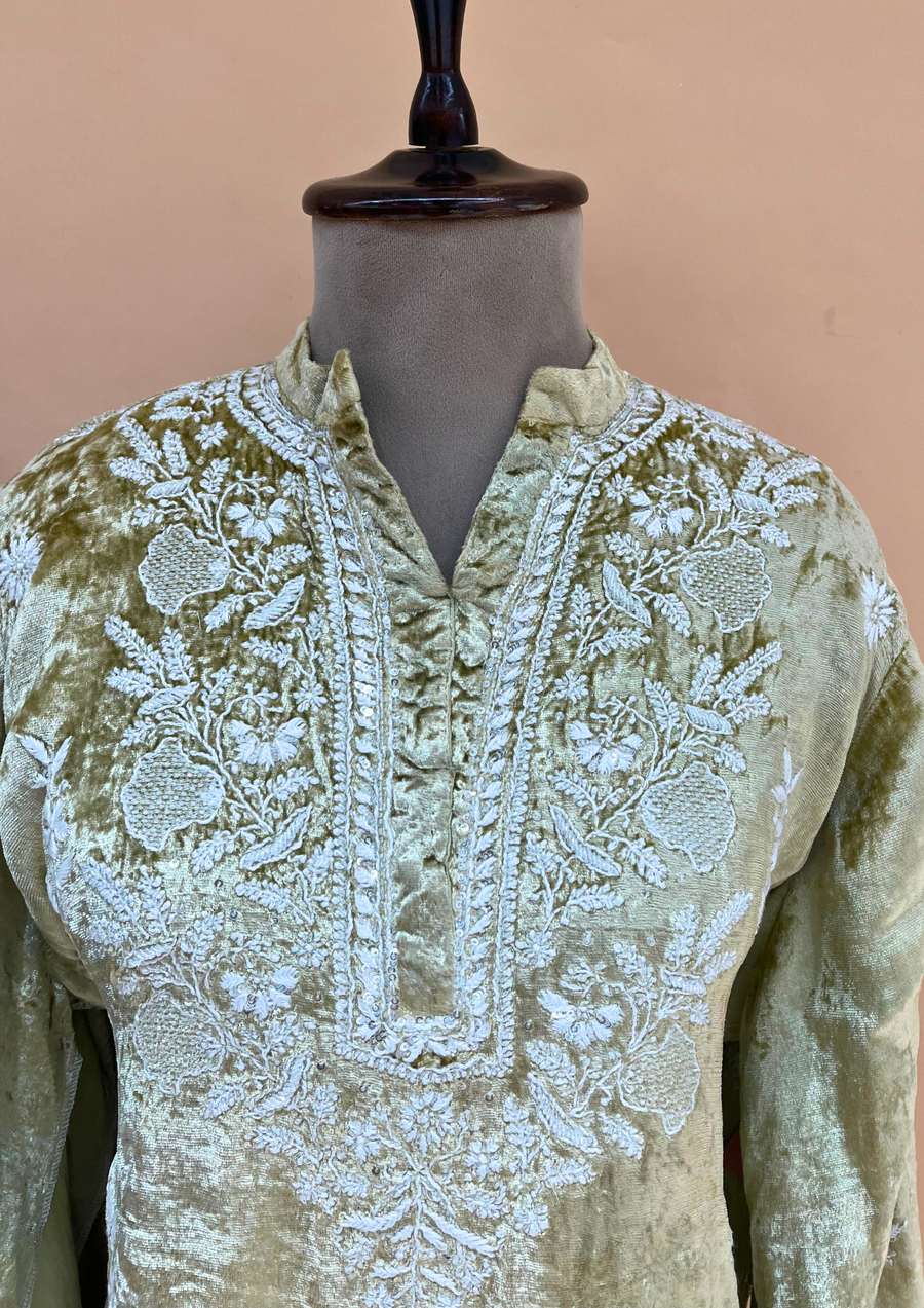 Velvet Chikankari Unstitched Coord Set - Beige Gold