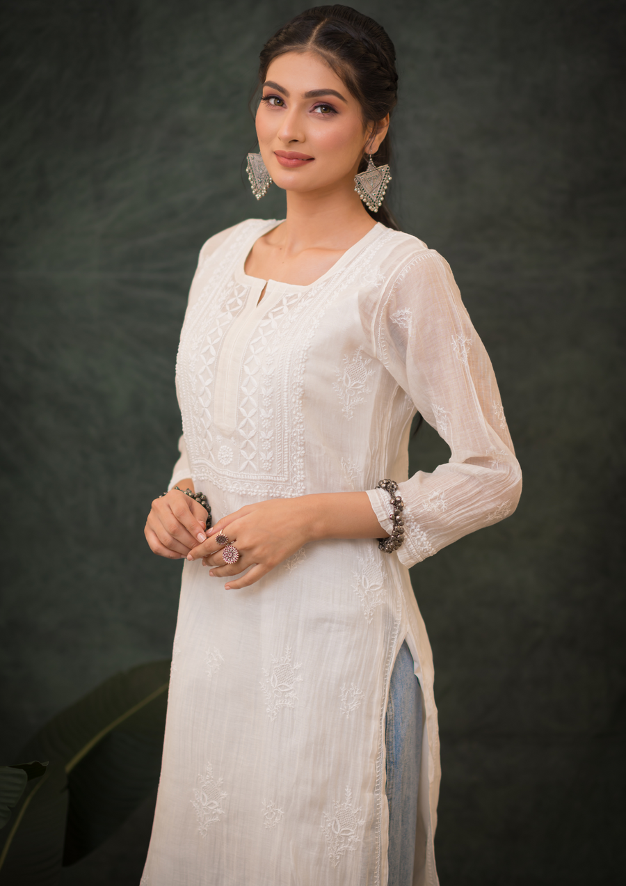 Mul Chanderi Chikankari Long Kurta - Ivory white