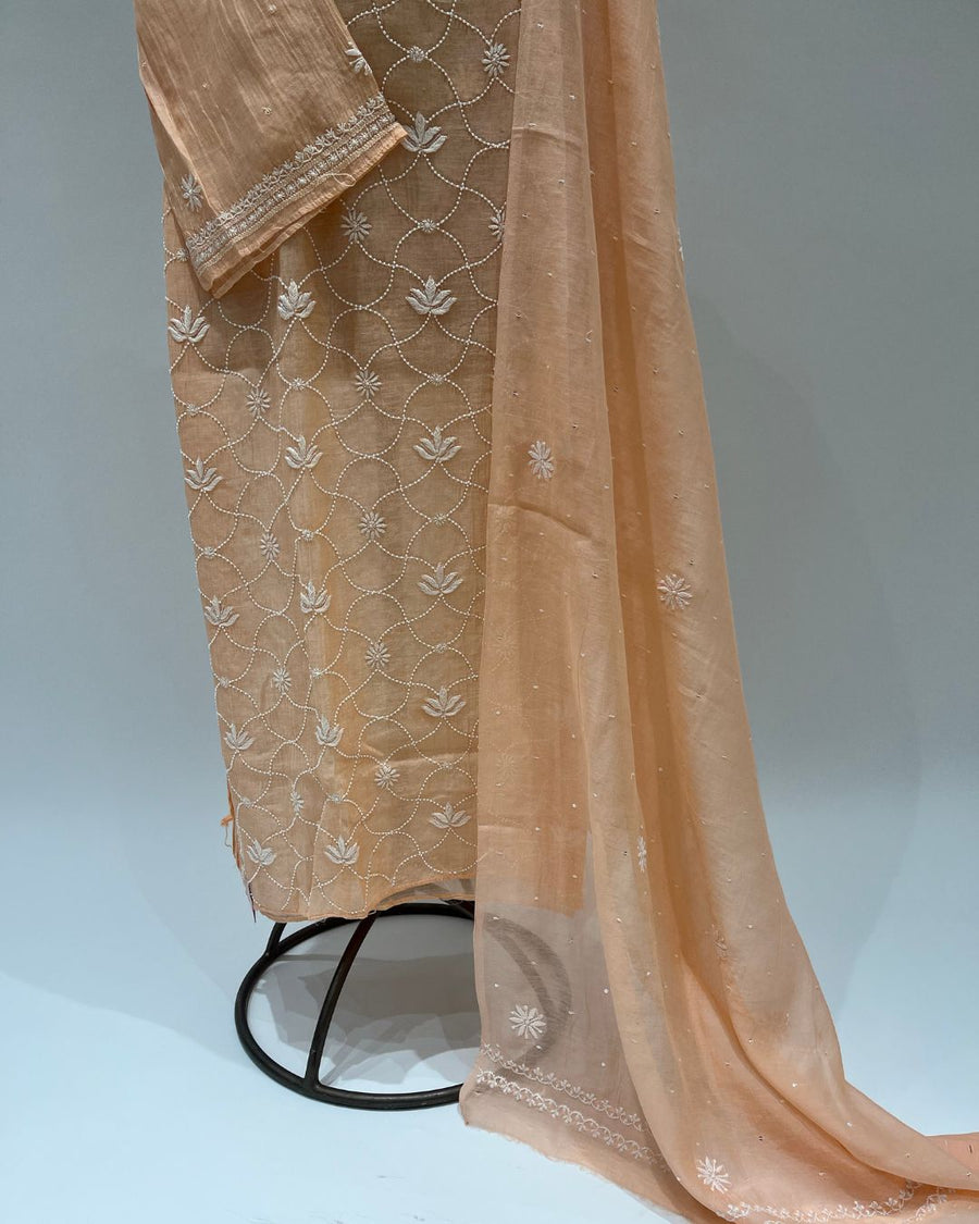 Mul Chikankari Unstitched 2pc Suit - Papaya Orange