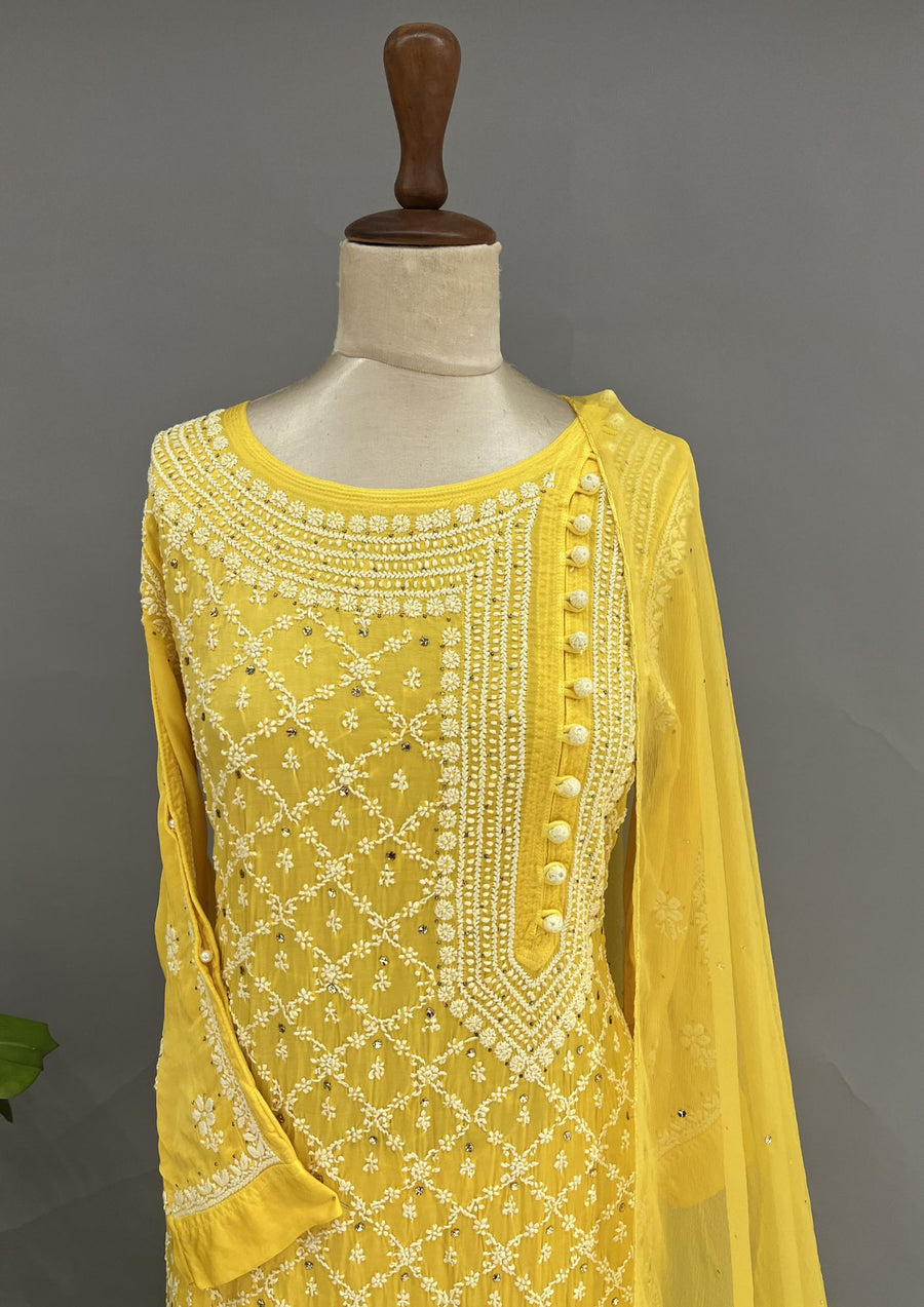 Modal Chikankari Stitch 3pc Suit - Laser Lemon
