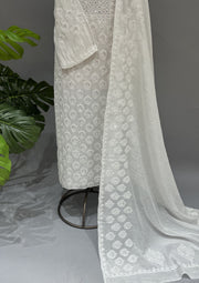 Mul Chanderi Chikankari Unstitch 2pc Suit - white