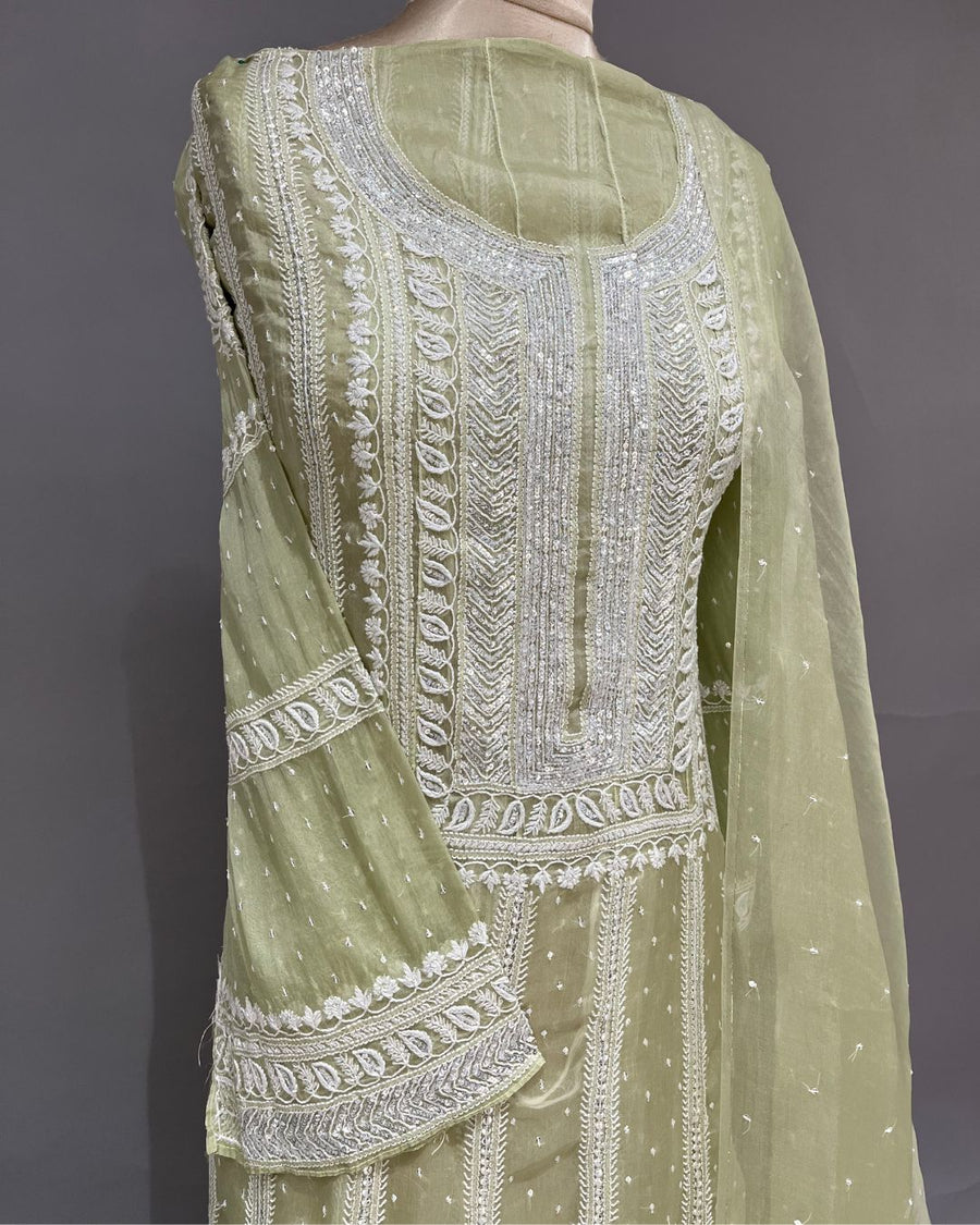 Organza Chikankari Unstitch 2pc Anarkari - Sage Green Ombre