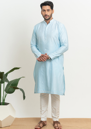 Chanderi Chikankari Men's Kurta - Serene Blue