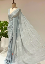 Pure Georgette Chikankari Saree  - Greyish Blue