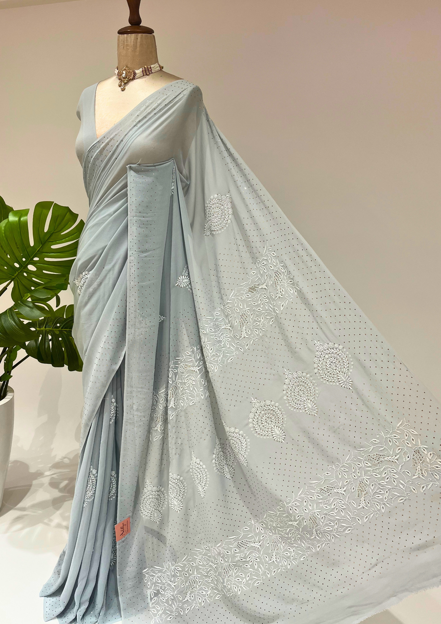 Pure Georgette Chikankari Saree  - Greyish Blue