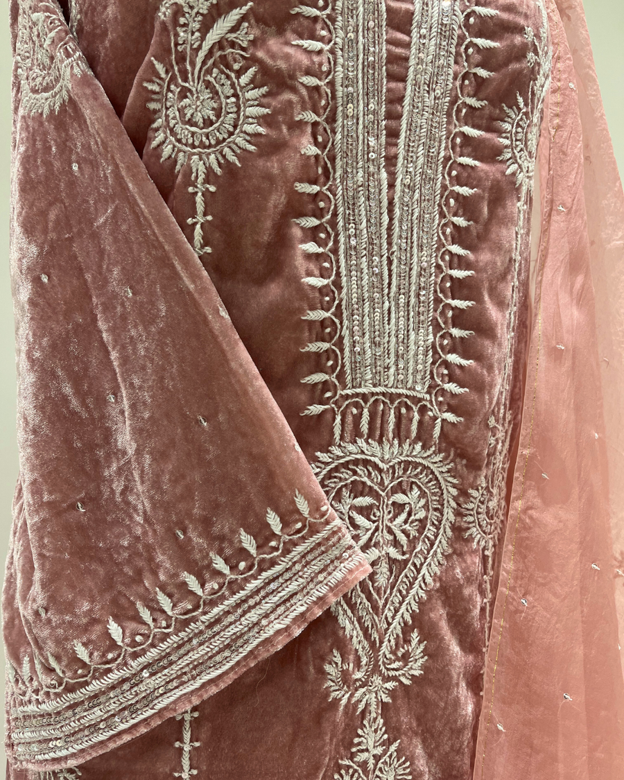 Velvet Chikankari Unstitched 2pc Suit Set - Pink Kisses