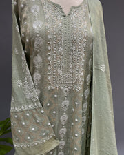 Banarsi Chanderi Chikankari Semistitch 2pc Suit - Sage Green