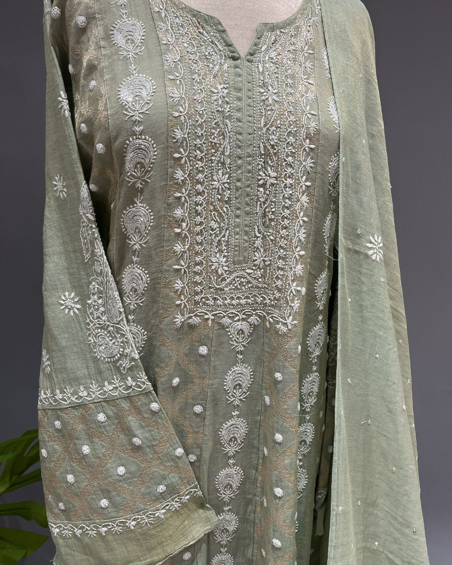 Banarsi Chanderi Chikankari Semistitch 2pc Suit - Sage Green