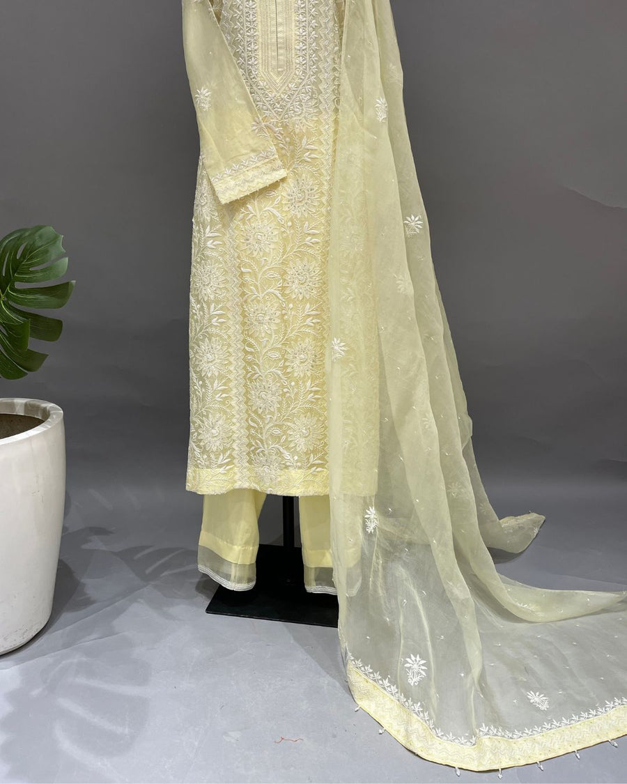 Organza Chikankari Stitch 3pc Suit - Lemon Yellow