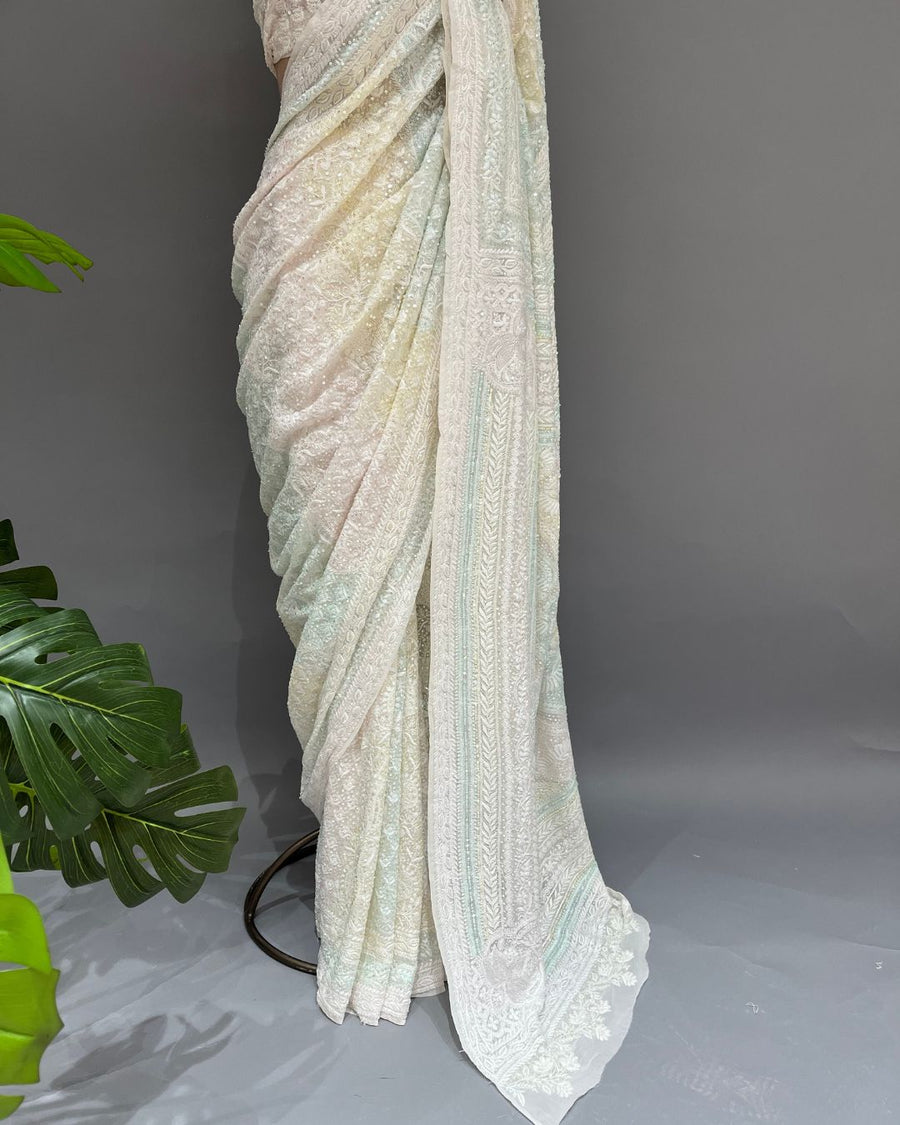 Pure Georgette Chikankari Saree - Ivory & Multicolour
