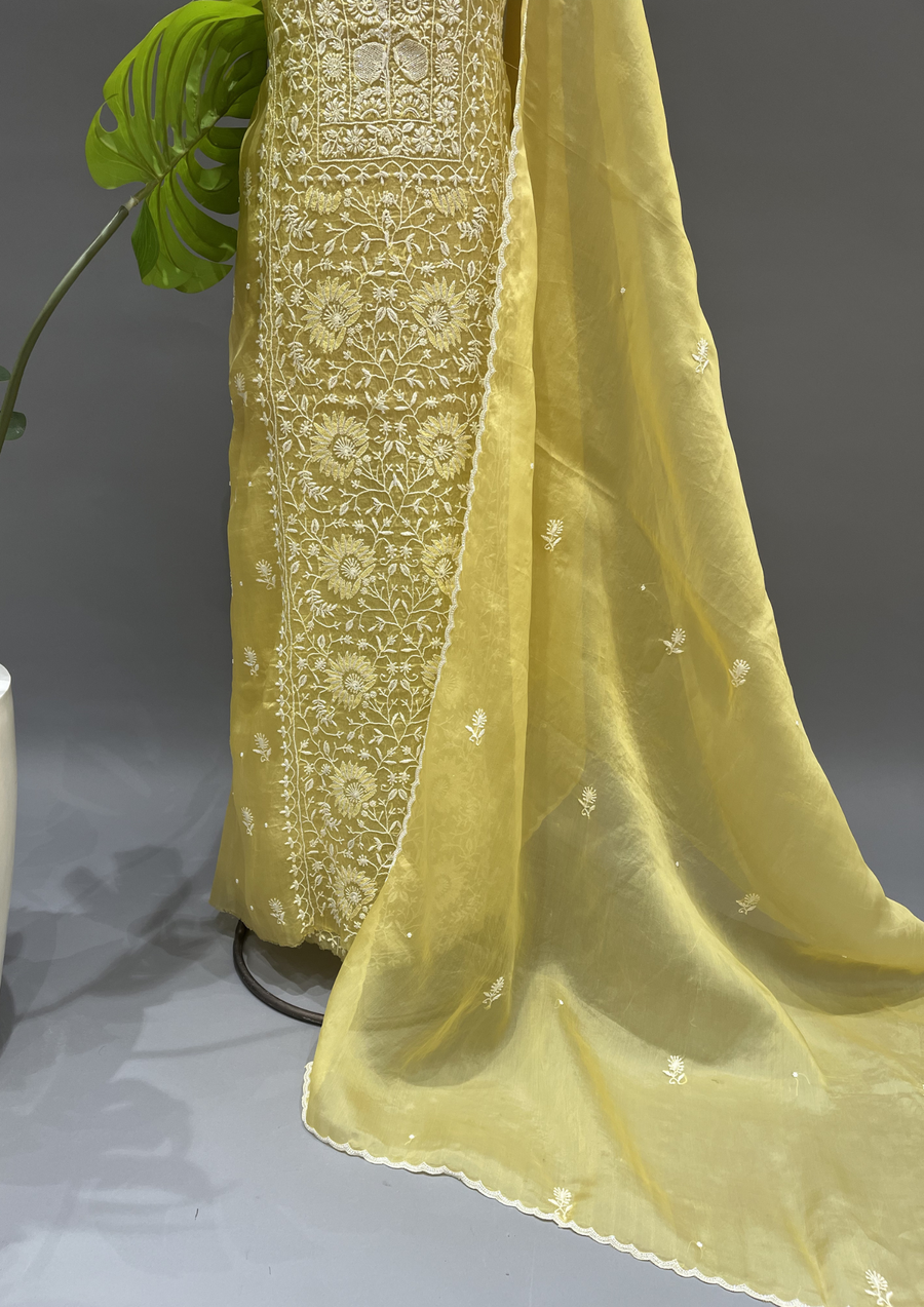 Chikankari Unstitched Organza Suit Set - Sunshine Yellow