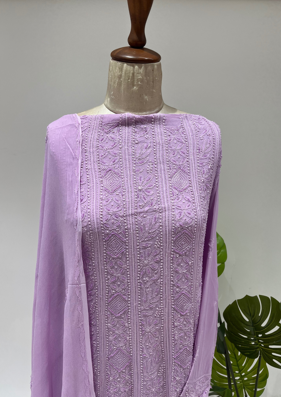 Viscose Chikankari Semistitched Anarkali - Lilac