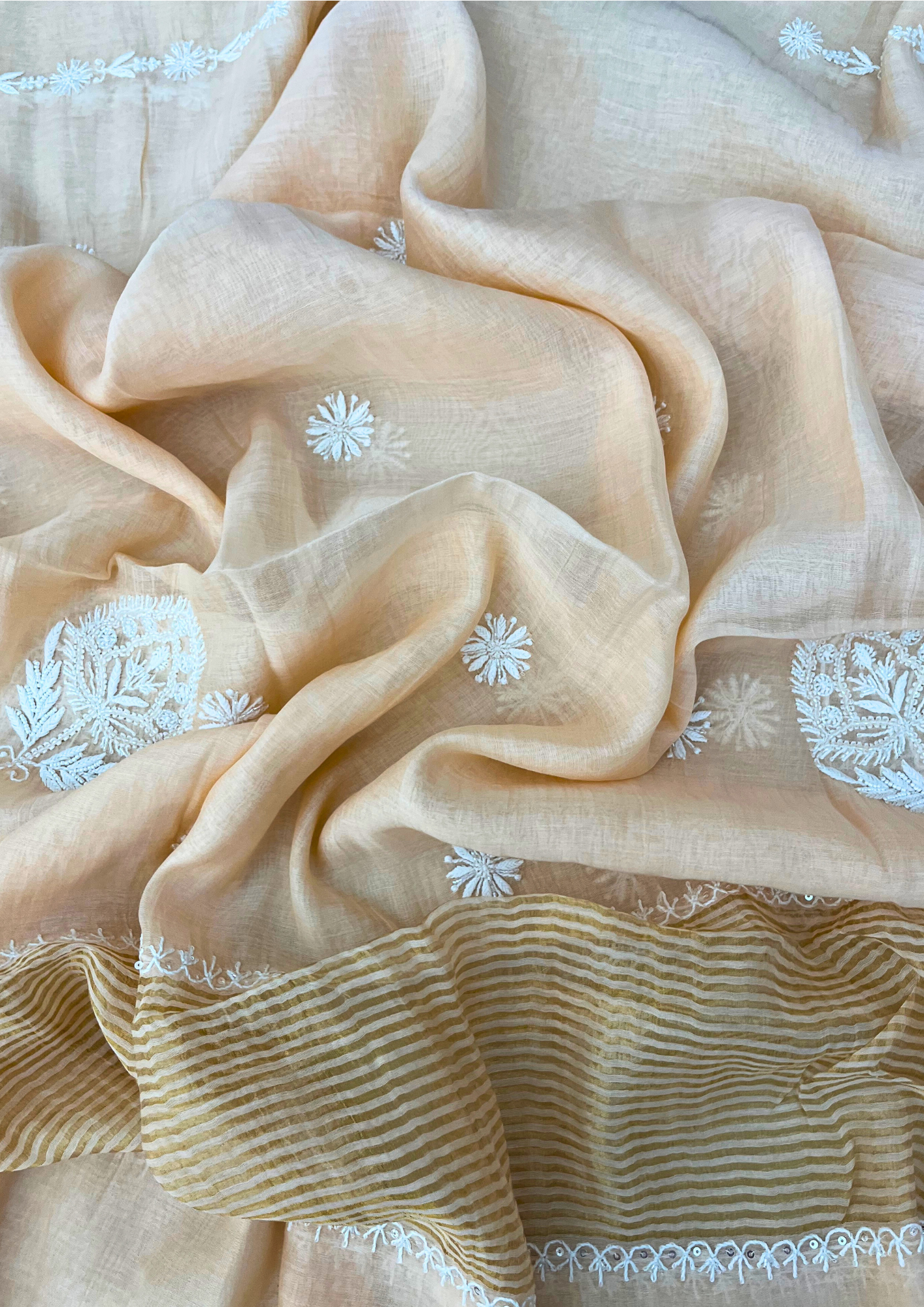 Chikankari Mul Chanderi Unstitched 2Pc Suit - Peach